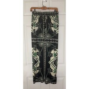 Rachel Zoe Wide Leg Pants Womens XS Black Green Scarf Print Beaded Tassel Boho